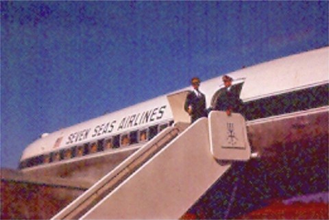 Seven Seas Airline, CONGO, ELIZABETHVILLE, BOB IN UNIFORM ON AIRPLANE STAIRS DC-4